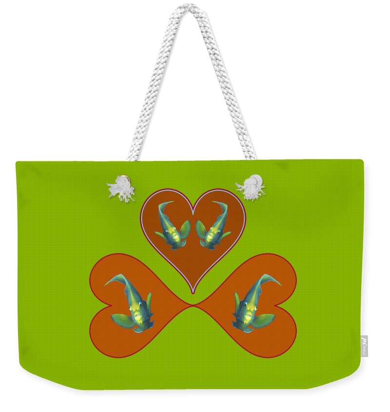 Angelfish Weekender Tote Bag featuring the mixed media Angelfish - Three red hearts for a colorful fish - by Ute Niemann