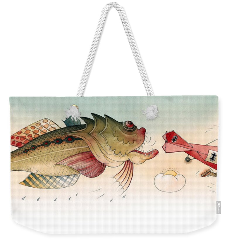 Angry Fish Airplane Flight Fluing Sky Persuit Dramatic Bigfish Weekender Tote Bag featuring the drawing Angry fish by Kestutis Kasparavicius