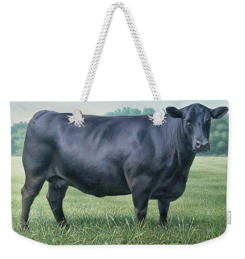 Angus Cow Weekender Tote Bag featuring the painting Angus cow 1822B by Hans Droog