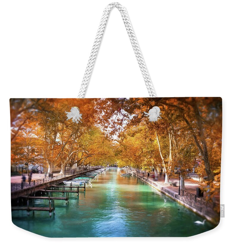 Annecy Weekender Tote Bag featuring the photograph Annecy France Idyllic Canal du Vasse by Carol Japp