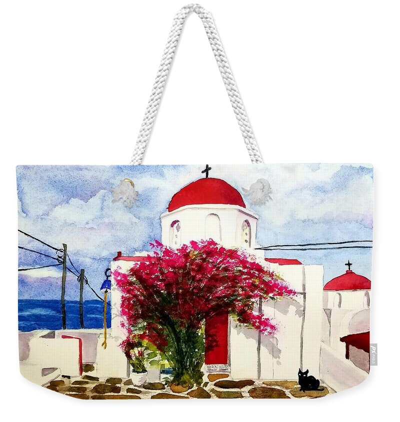 Santorini Weekender Tote Bag featuring the painting Anns' Santorini by Ann Frederick