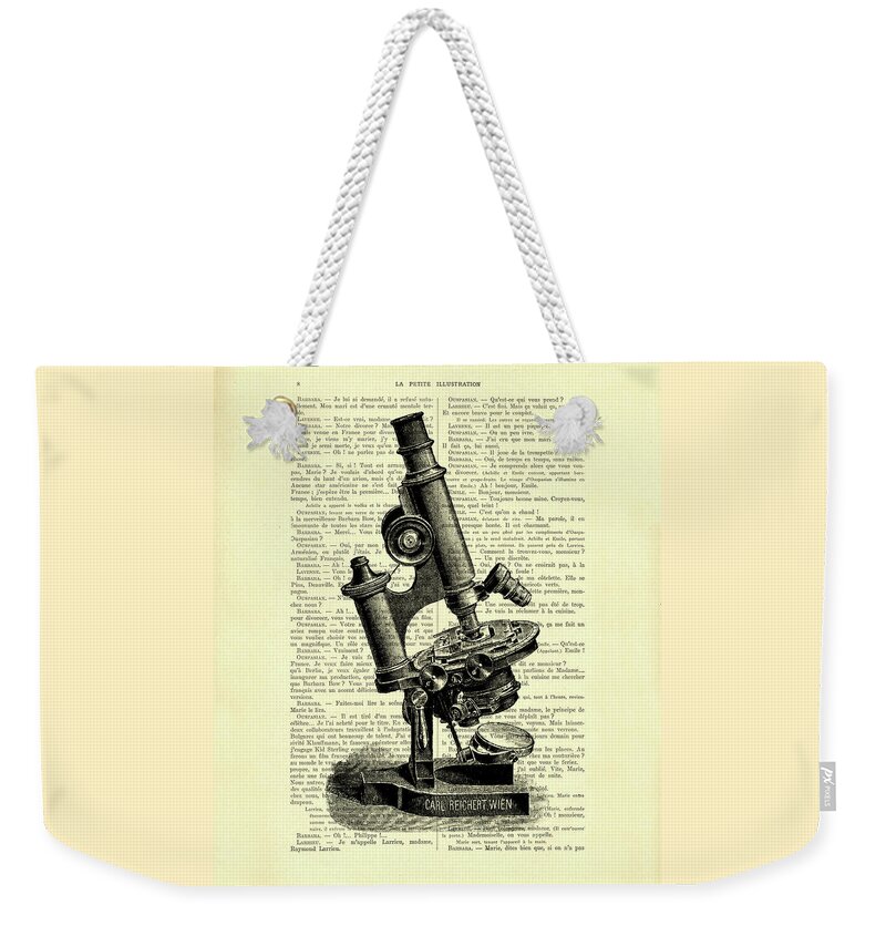 Microscope Weekender Tote Bag featuring the mixed media Antique Microscope by Madame Memento