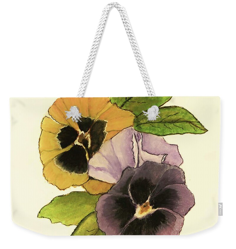 Pansy Weekender Tote Bag featuring the painting Antique Pansies by Shirley Dutchkowski