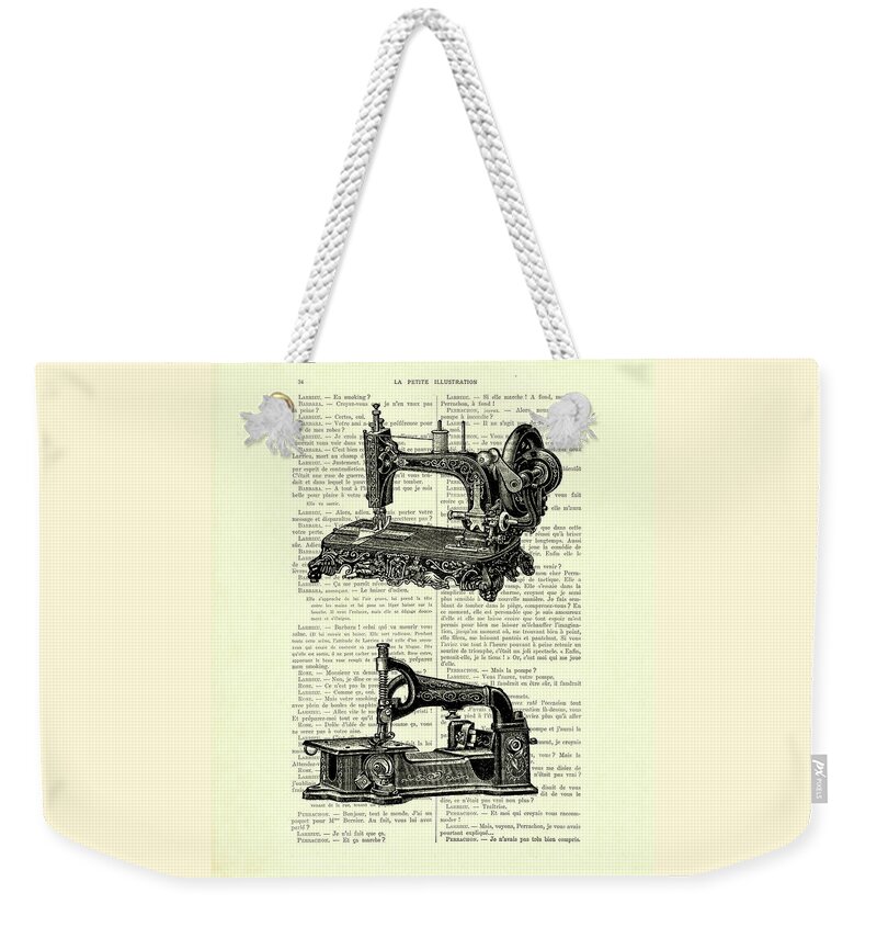 Sewing Machine Weekender Tote Bag featuring the digital art Antique sewing machines on an antique French book page by Madame Memento
