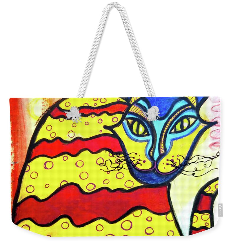 Cat Weekender Tote Bag featuring the mixed media ANTOINE the DaisyLoving AlleyCat by Mimulux Patricia No