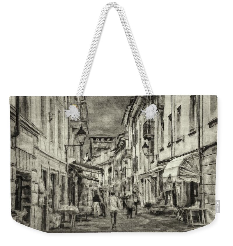 Aosta Weekender Tote Bag featuring the painting Aosta Street Sceen - BW by Jeffrey Kolker