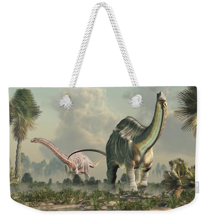 Apatosaurus Weekender Tote Bag featuring the digital art Apatosauruses in a Wetland by Daniel Eskridge