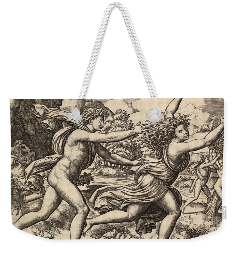 Master Of The Die Weekender Tote Bag featuring the drawing Apollo chasing Daphne by Master of the Die