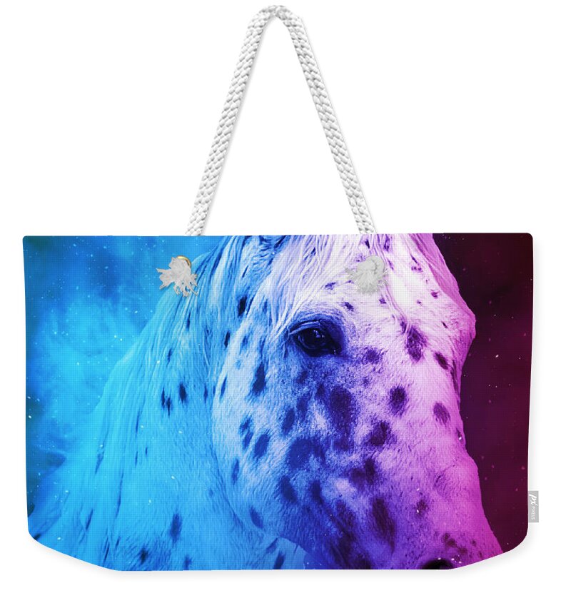 Appaloosa Weekender Tote Bag featuring the digital art Appaloosa horse close up portrait in blue and violet by Nicko Prints