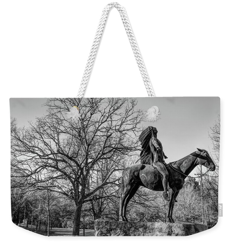 Tulsa Oklahoma Weekender Tote Bag featuring the photograph Appeal To The Great Spirit Native American Statue in Woodward Park - Black and White Panorama by Gregory Ballos
