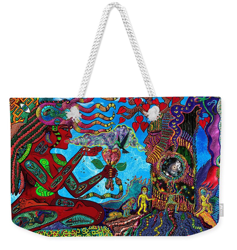 Visionary Weekender Tote Bag featuring the mixed media Aquarian Shamaness and The Tree Spirit by Myztico Campo
