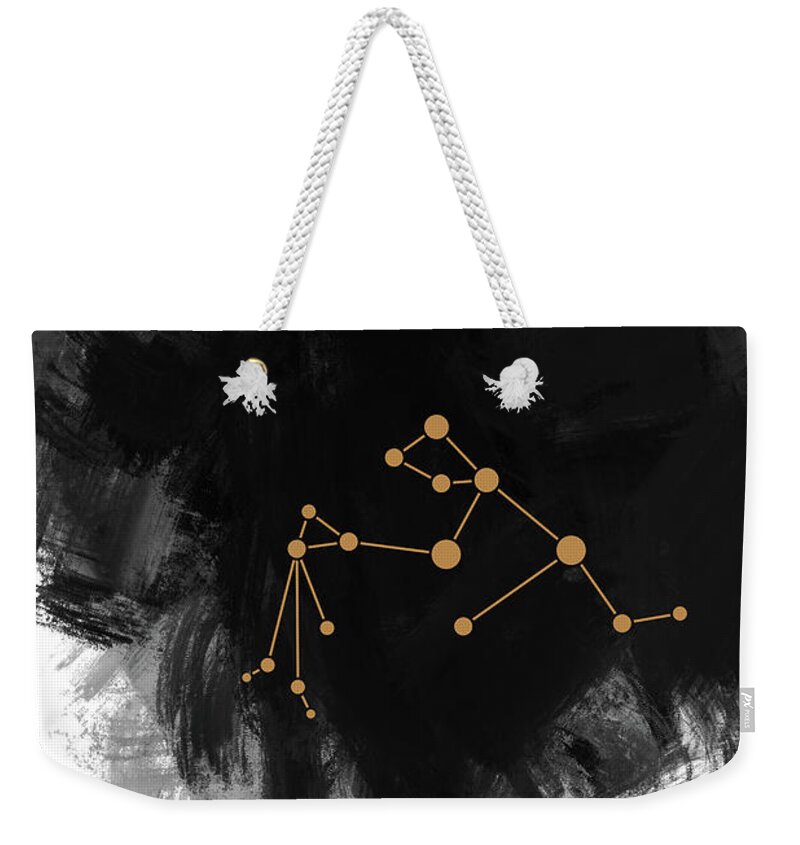 Aquarius Weekender Tote Bag featuring the mixed media Aquarius Zodiac Sign - Minimal Print - Zodiac, Constellation, Astrology, Good Luck, Sky - Black by Studio Grafiikka