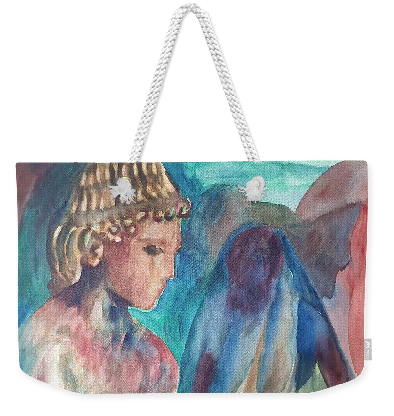 Sculpture Weekender Tote Bag featuring the painting Archaic Greek Youth by Enrico Garff