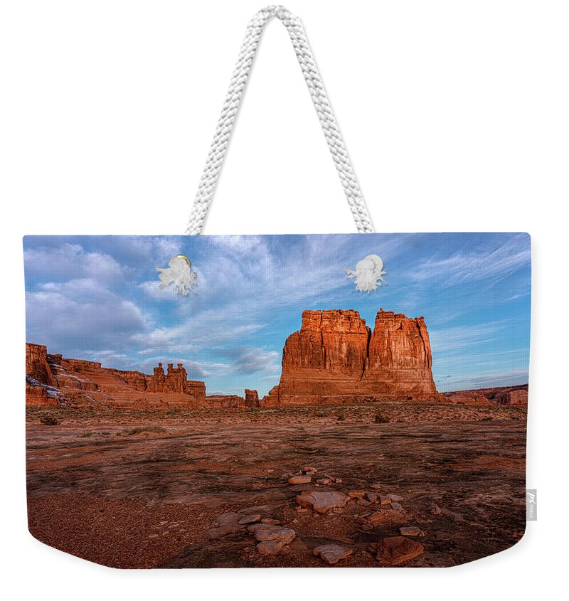 Arches Weekender Tote Bag featuring the photograph Arches Courthouse - Early Morning by Kenneth Everett