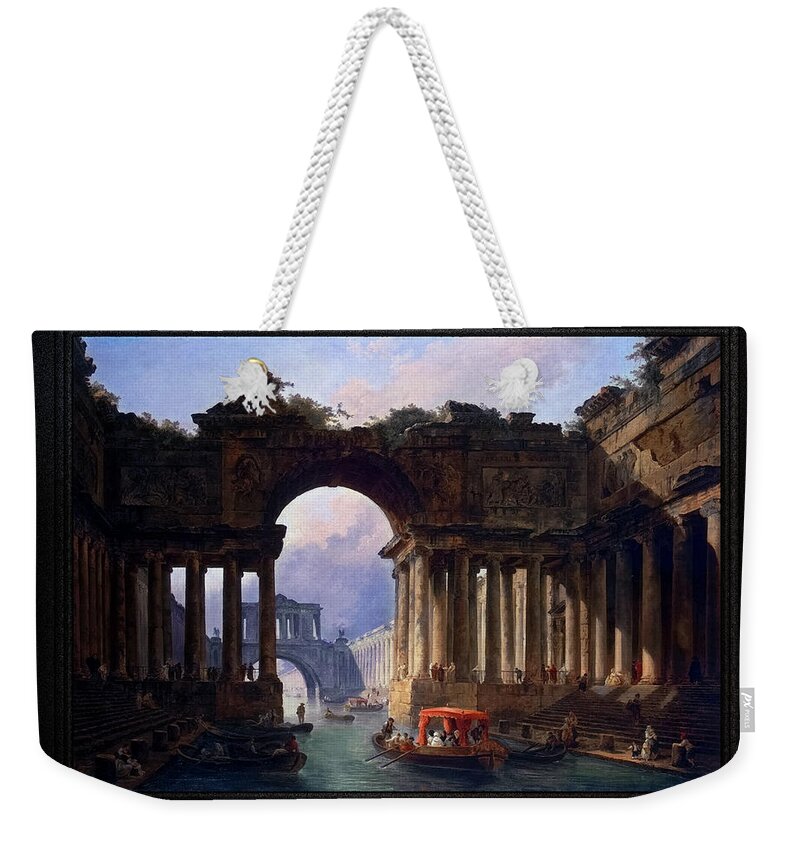 Architectural Landscape With A Canal Weekender Tote Bag featuring the painting Architectural Landscape With A Canal by Hubert Robert by Rolando Burbon