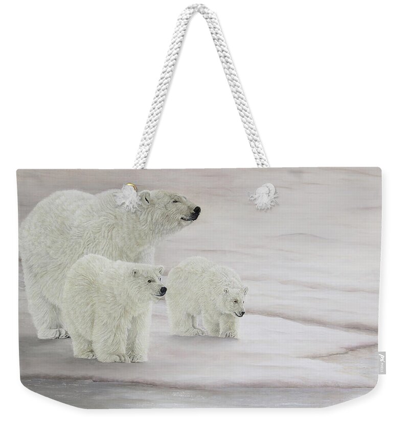 North American Wildlife Weekender Tote Bag featuring the painting Arctic Family - Polar Bear with Cubs by Johanna Lerwick