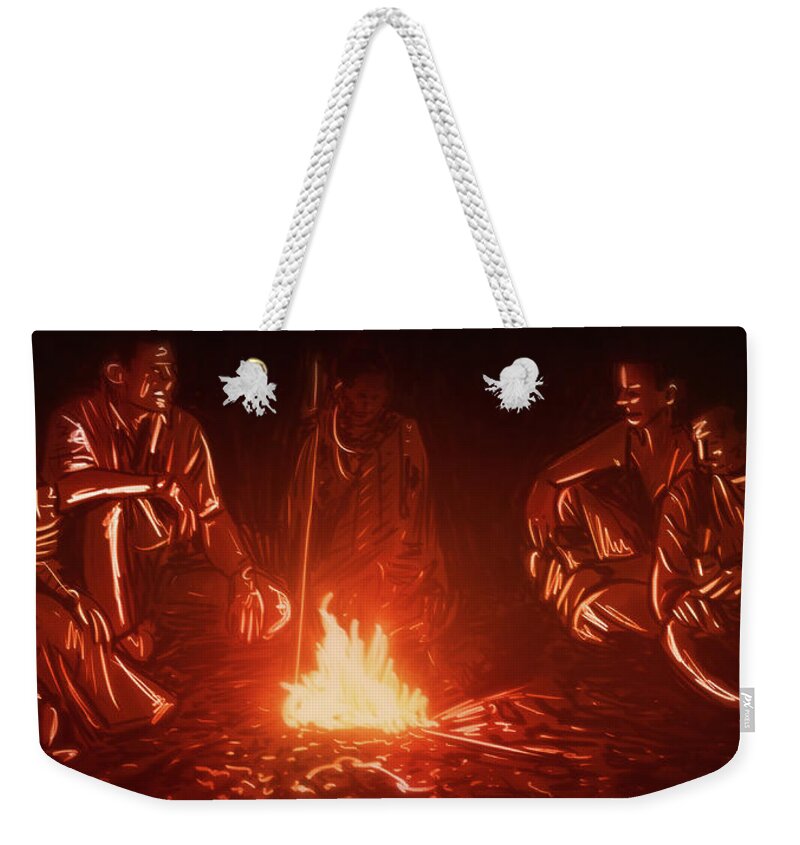 Fire Weekender Tote Bag featuring the digital art Art - Around the Campfire by Matthias Zegveld