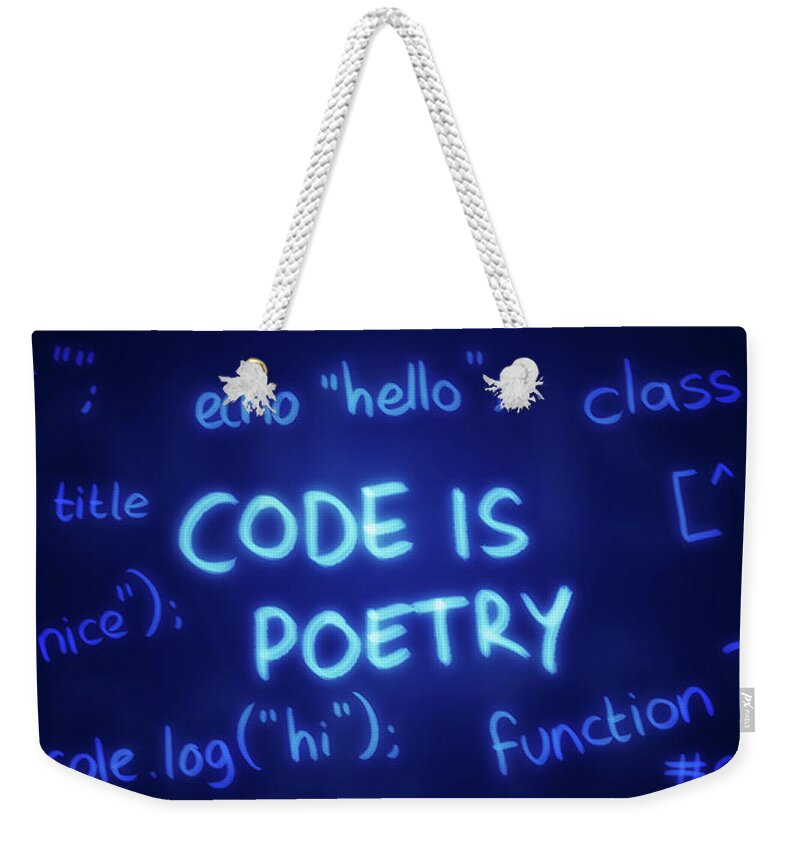 Coding Weekender Tote Bag featuring the digital art Art - Code Is Poetry by Matthias Zegveld
