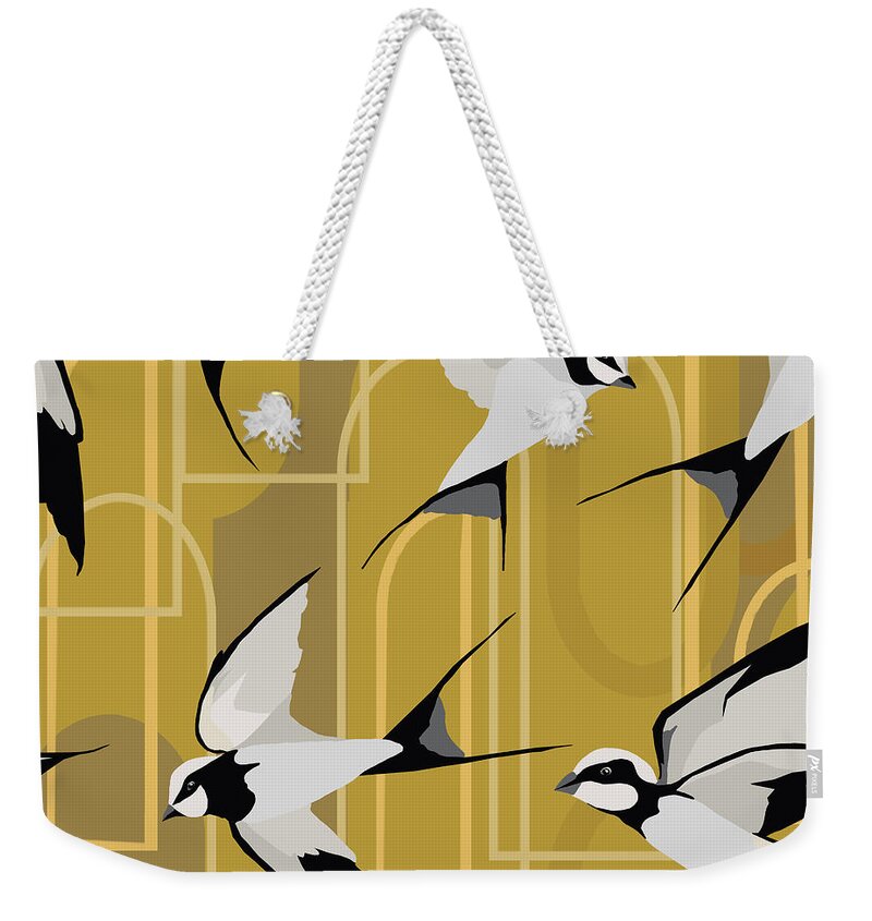 Seamless Repeat Weekender Tote Bag featuring the digital art Art Deco Swallows on Gold by Sand And Chi