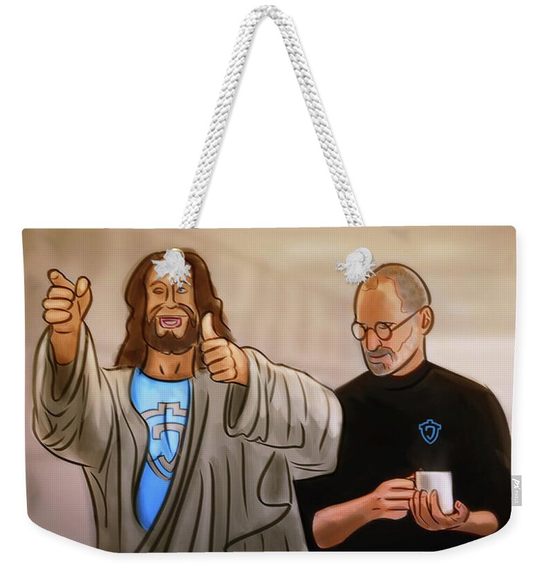 Jesus Weekender Tote Bag featuring the digital art Art - Jesus Meets with Steve Jobs by Matthias Zegveld
