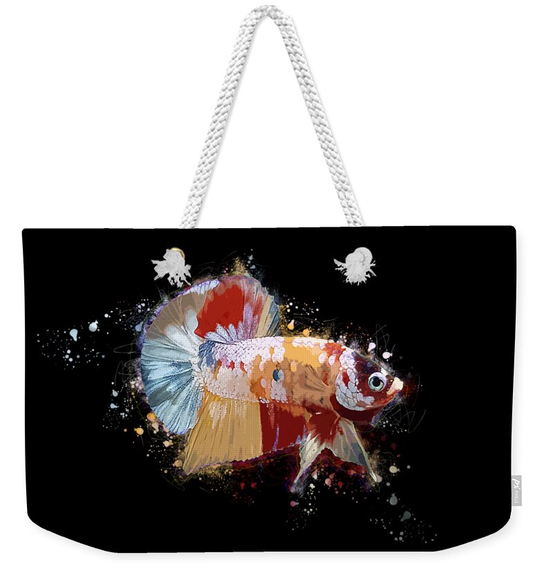 Artistic Weekender Tote Bag featuring the digital art Artistic Yellow Base Betta Fish by Sambel Pedes