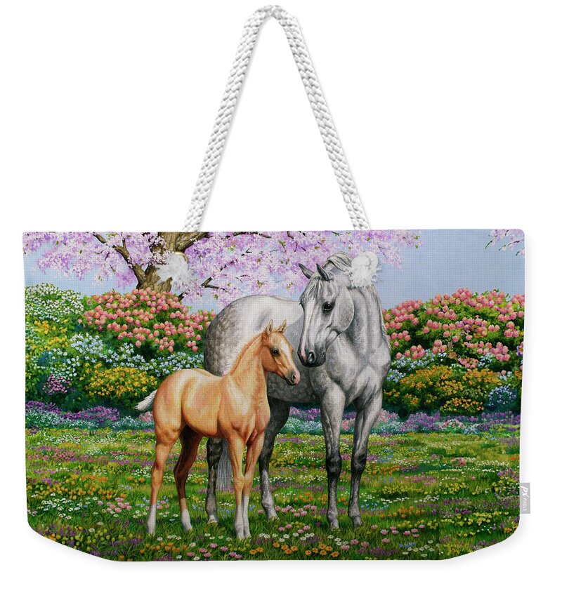 Quarter Horse Weekender Tote Bag featuring the painting Spring's Gift - Mare and Foal by Crista Forest