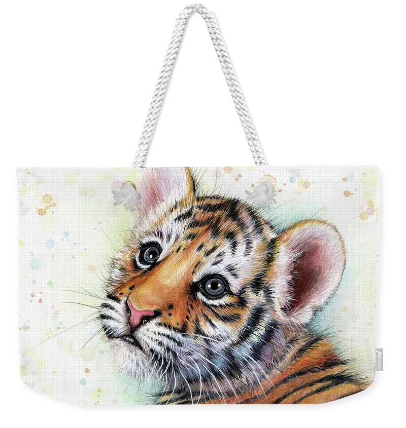 Tiger Weekender Tote Bag featuring the painting Tiger Cub Watercolor Painting by Olga Shvartsur