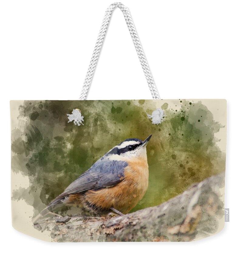 Nuthatch Weekender Tote Bag featuring the mixed media Nuthatch Watercolor Art by Christina Rollo