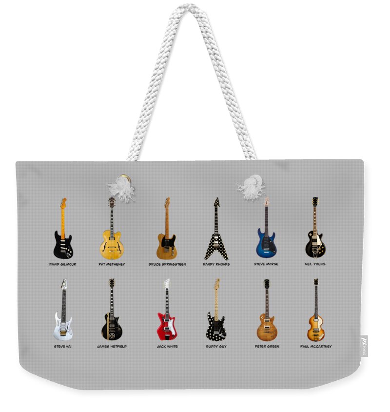 Fender Stratocaster Weekender Tote Bag featuring the photograph Guitar Icons No2 by Mark Rogan