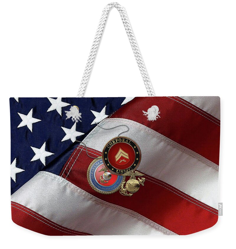 Military Insignia & Heraldry Collection By Serge Averbukh Weekender Tote Bag featuring the digital art U.S. Marine Corporal Rank Insignia with Seal and EGA over American Flag by Serge Averbukh