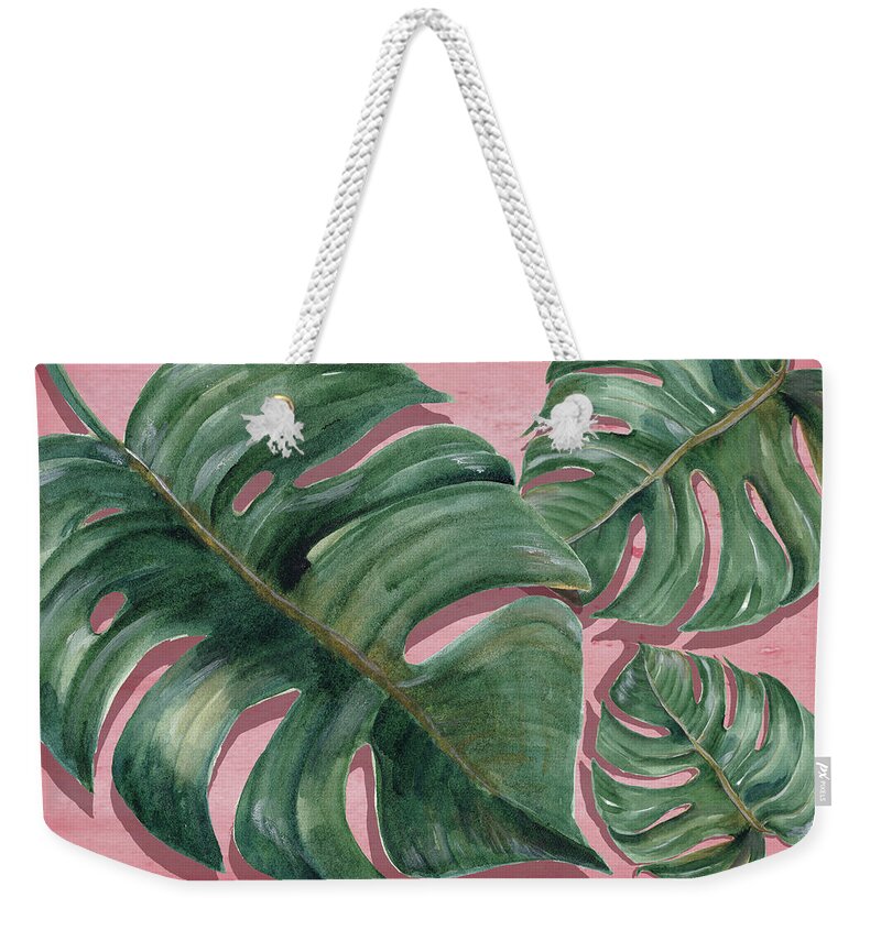 Monstera Leaves Weekender Tote Bag featuring the painting Monstera Tropical Leaves by Mark Ashkenazi