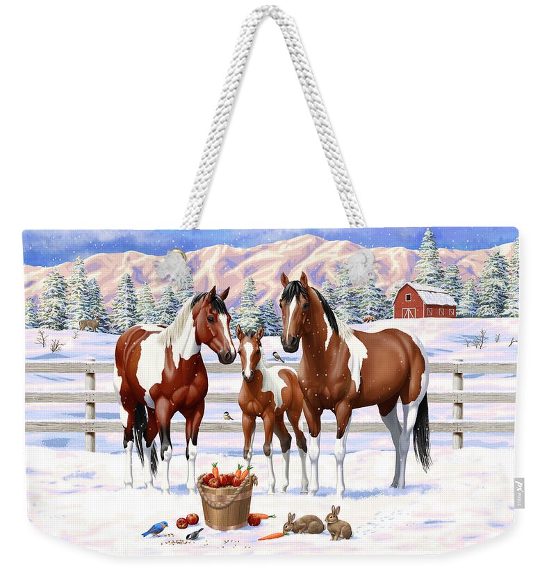 Horses Weekender Tote Bag featuring the painting Bay Paint Horses In Snow by Crista Forest