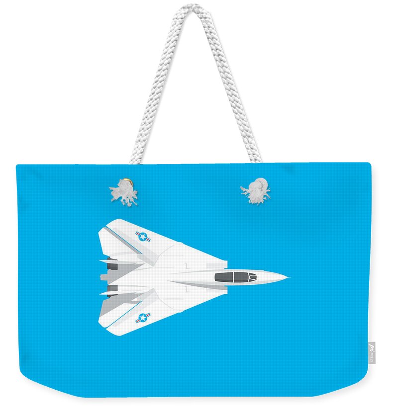 Jet Weekender Tote Bag featuring the digital art F-14 Tomcat Fighter Jet Aircraft - Cyan by Organic Synthesis