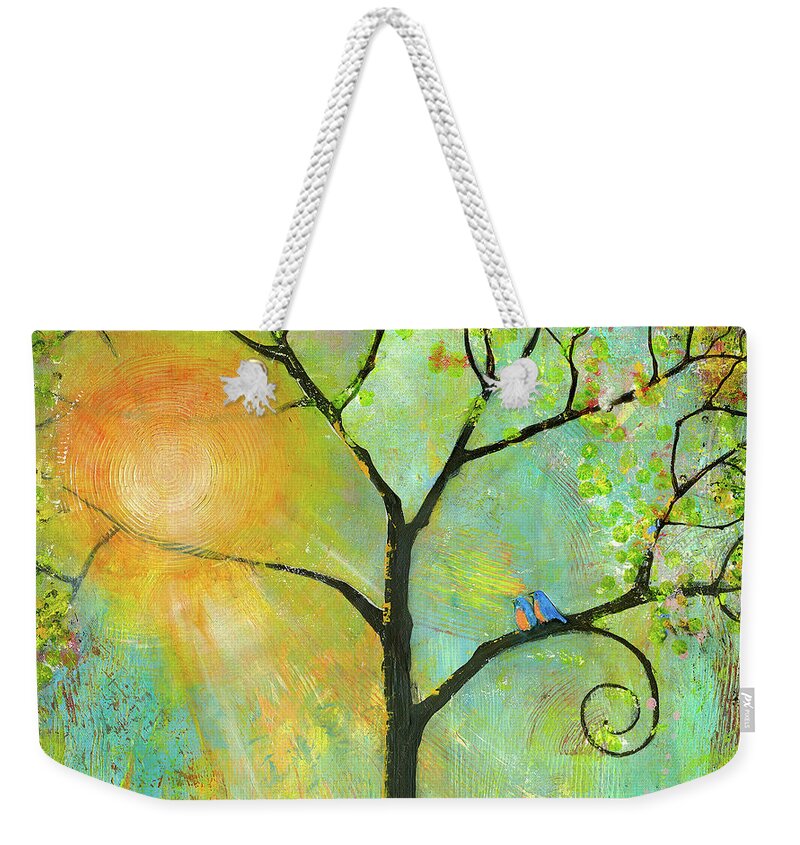 Tree Weekender Tote Bag featuring the painting Hello Sunshine Tree Birds Sun by Blenda Studio