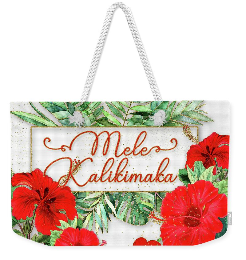Christmas Weekender Tote Bag featuring the digital art Mele Kalikimaka Hawaiian Red Hibiscus Tropical Christmas by Doreen Erhardt