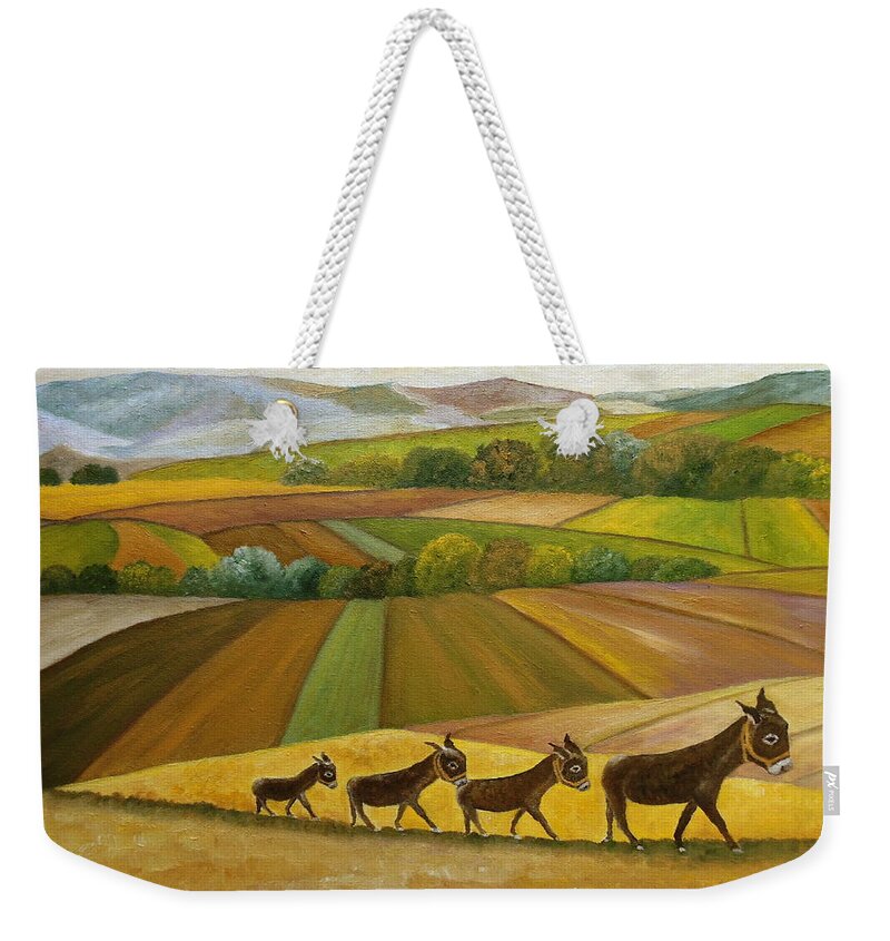 Jaral Weekender Tote Bag featuring the painting Sunday Promenade by Angeles M Pomata