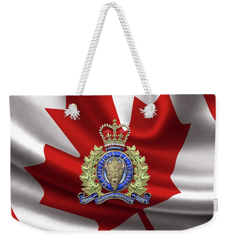 'insignia & Heraldry' Collection By Serge Averbukh Weekender Tote Bag featuring the digital art Royal Canadian Mounted Police - R C M P Badge over Canadian Flag by Serge Averbukh