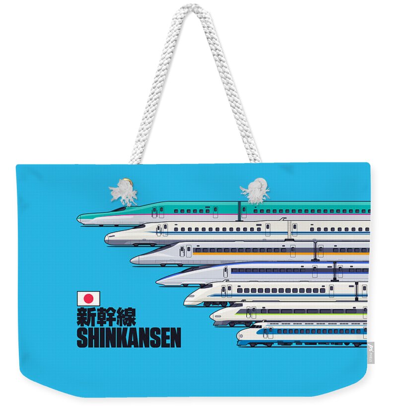 Train Weekender Tote Bag featuring the digital art Shinkansen Bullet Train Evolution - Cyan by Organic Synthesis