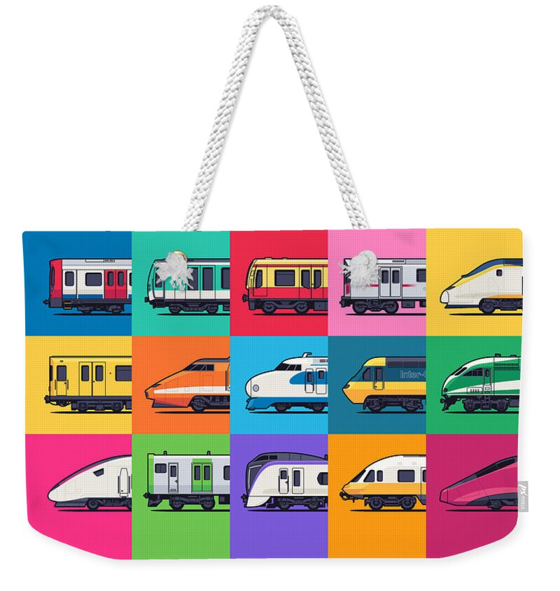 Train Weekender Tote Bag featuring the digital art World Trains Pattern by Organic Synthesis