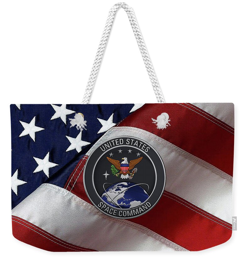 'military Insignia & Heraldry’ Collection By Serge Averbukh Weekender Tote Bag featuring the digital art United States Space Command - U S S P A C E C O M Emblem over American Flag by Serge Averbukh