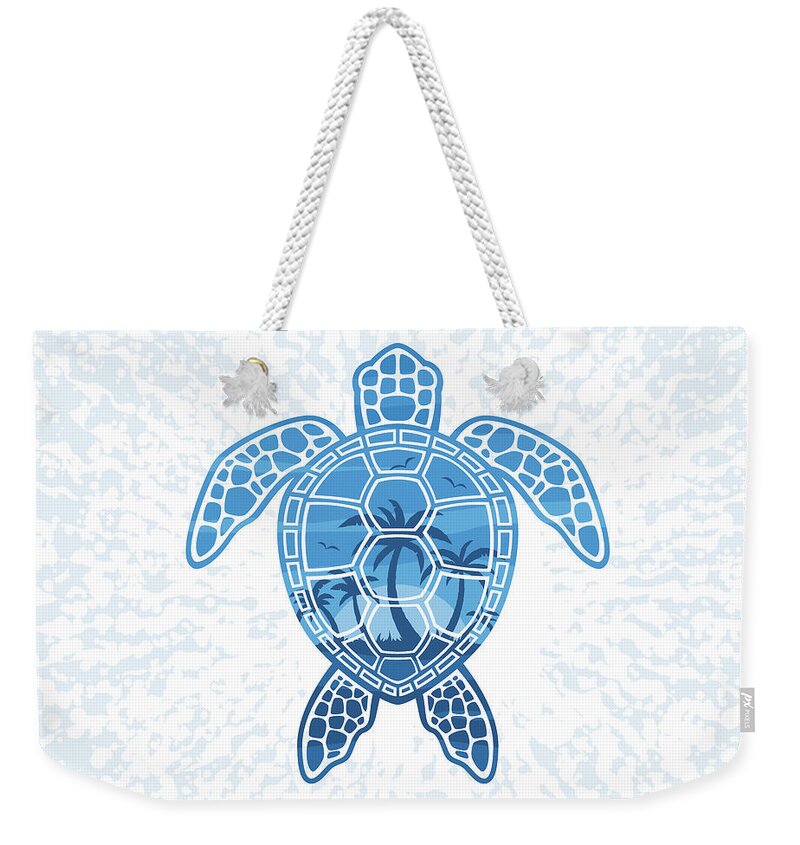 Blue Weekender Tote Bag featuring the digital art Tropical Island Sea Turtle Design in Blue by John Schwegel