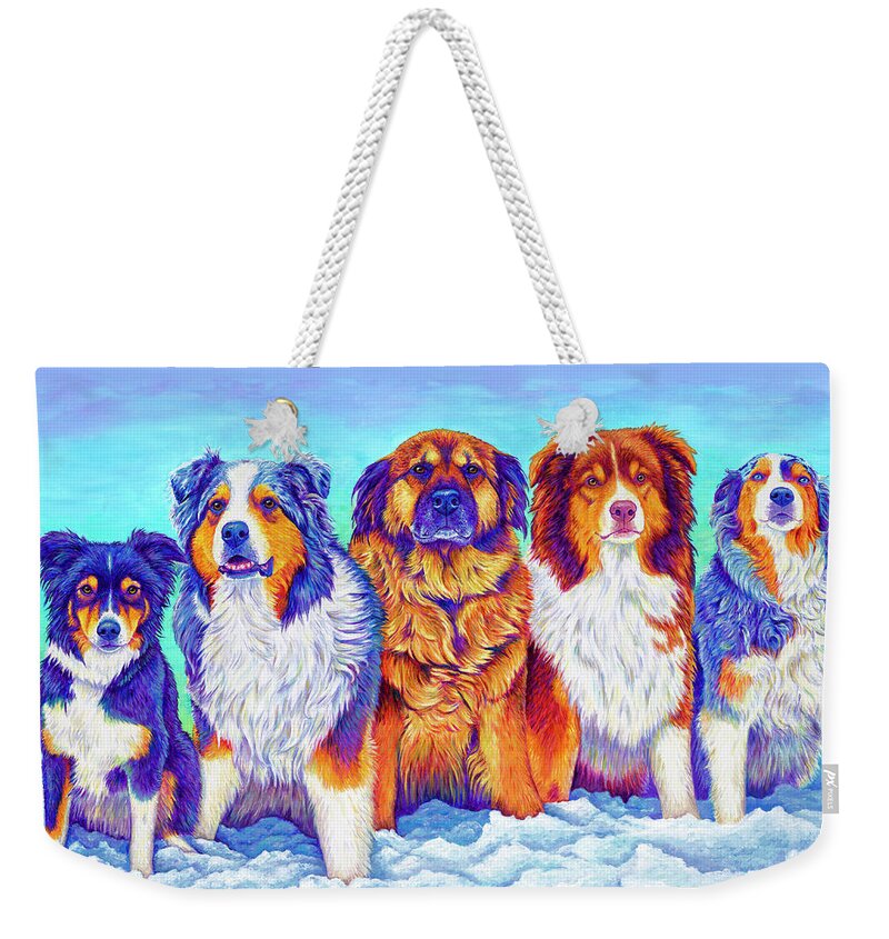 Dog Weekender Tote Bag featuring the painting The Gang's All Here by Rebecca Wang