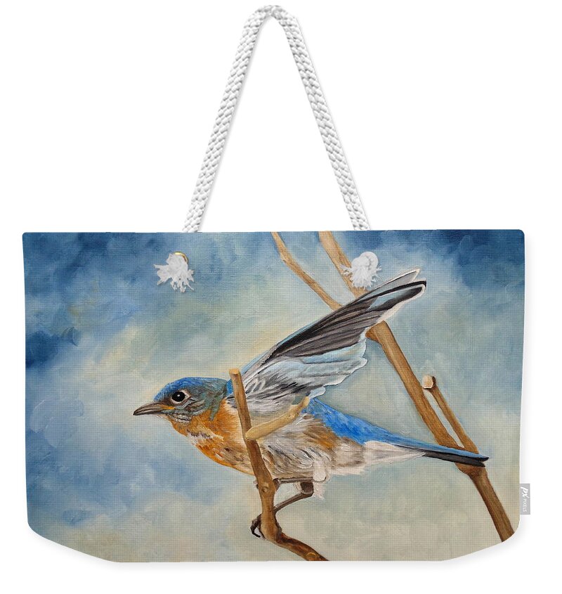 Bluebird Weekender Tote Bag featuring the painting Bluebird, Blue Morning by Angeles M Pomata