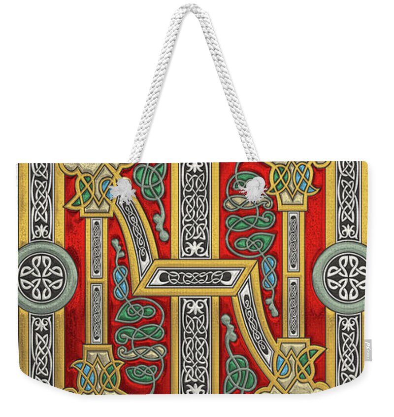‘celtic Treasures’ Collection By Serge Averbukh Weekender Tote Bag featuring the digital art Ancient Celtic Runes of Hospitality and Potential - Illuminated Plate over White Leather by Serge Averbukh