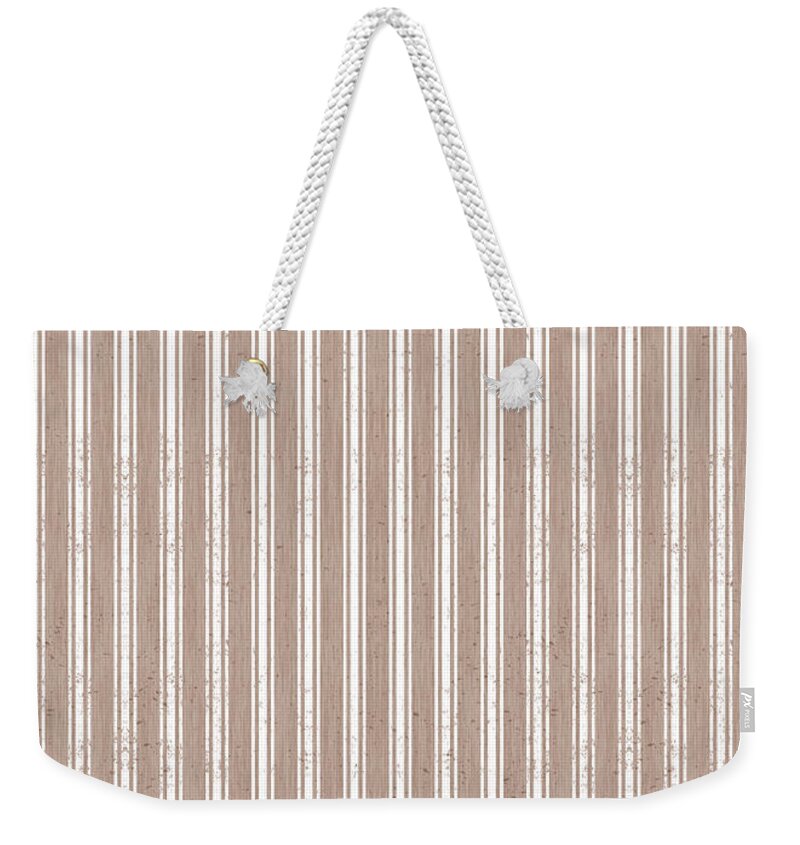 Pattern Weekender Tote Bag featuring the painting Farmhouse Ticking Pattern - Latte - Art by Jen Montgomery by Jen Montgomery