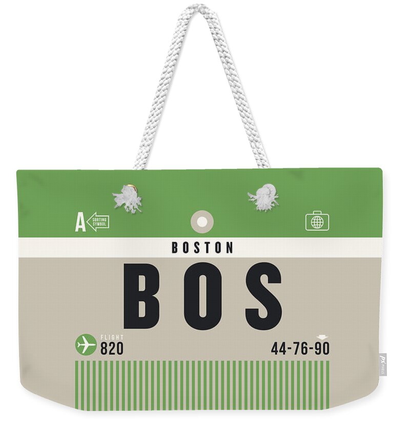 Airline Weekender Tote Bag featuring the digital art Luggage Tag A - BOS Boston USA by Organic Synthesis
