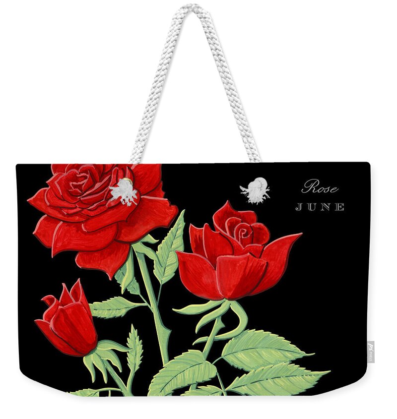 Rose Weekender Tote Bag featuring the painting Rose June Birth Month Flower Botanical Print on Black - Art by Jen Montgomery by Jen Montgomery