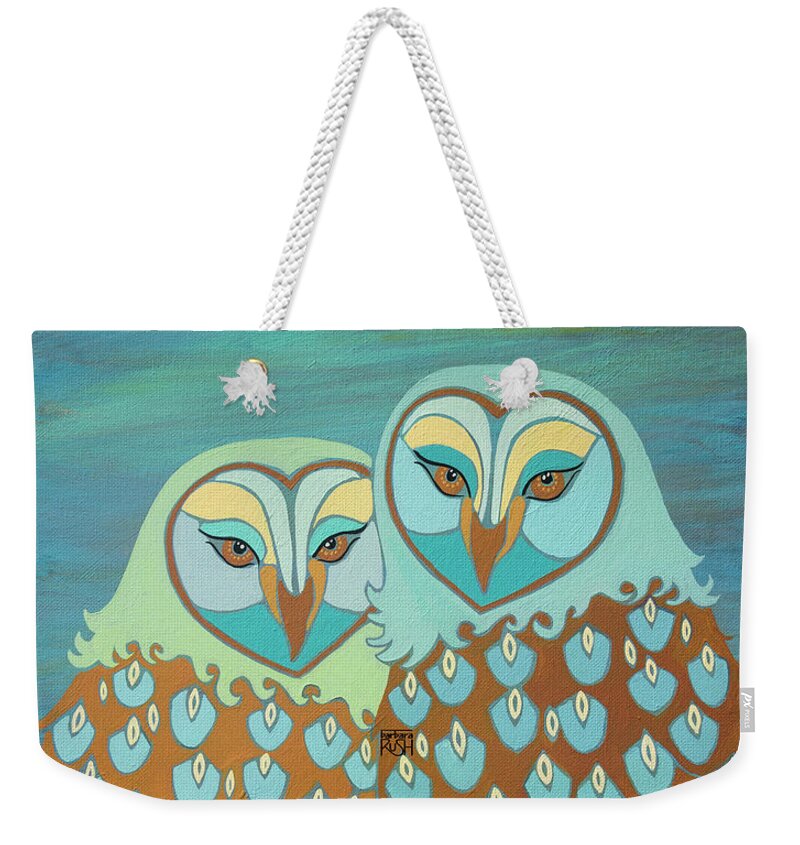 Owl Art Weekender Tote Bag featuring the painting Together at last in Teal by Barbara Rush