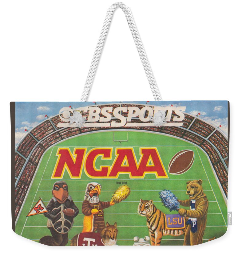 Ad Weekender Tote Bag featuring the mixed media 1984 CBS Sports Football Ad by Row One Brand