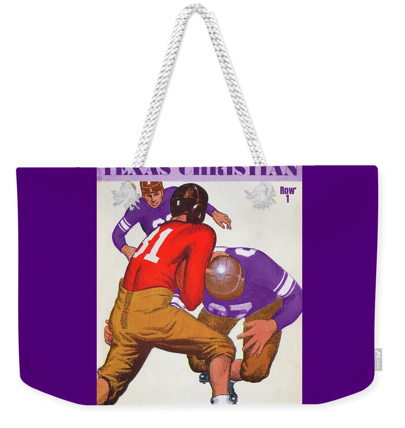 Texas Weekender Tote Bag featuring the mixed media 1935 TCU Football Art by Row One Brand